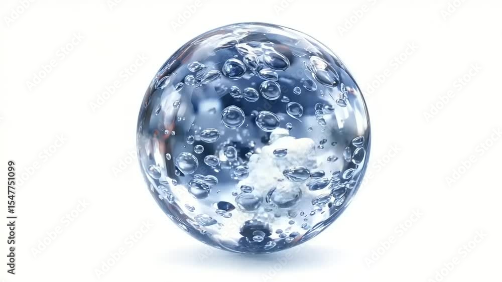 A crystal-clear sphere of water with bubbles, floating against a white background, symbolizing purity A crystal-clear sphere of water with bubbles, floating against a white background, symbolizing purity