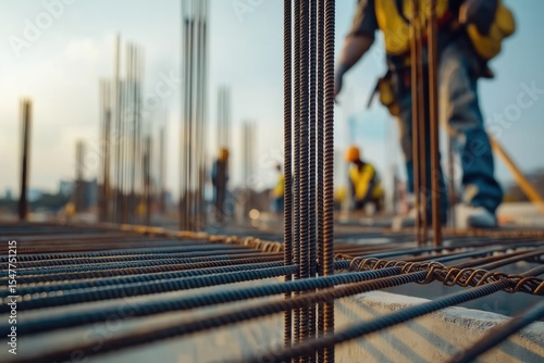 Construction workers handling rebar at building site during sunset in urban setting