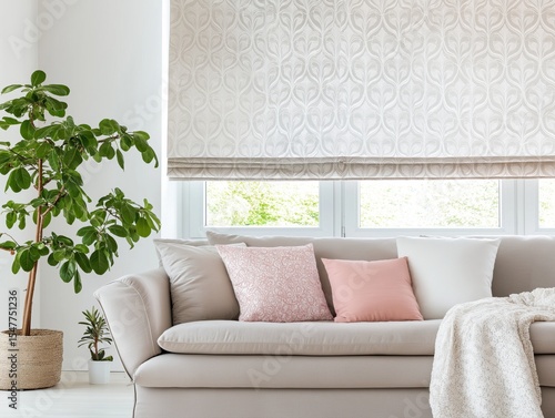 Modern living room with cozy couch and stylish decor in a bright space