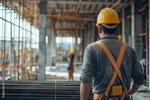 Construction worker overseeing project progress in modern building site under bright daylight