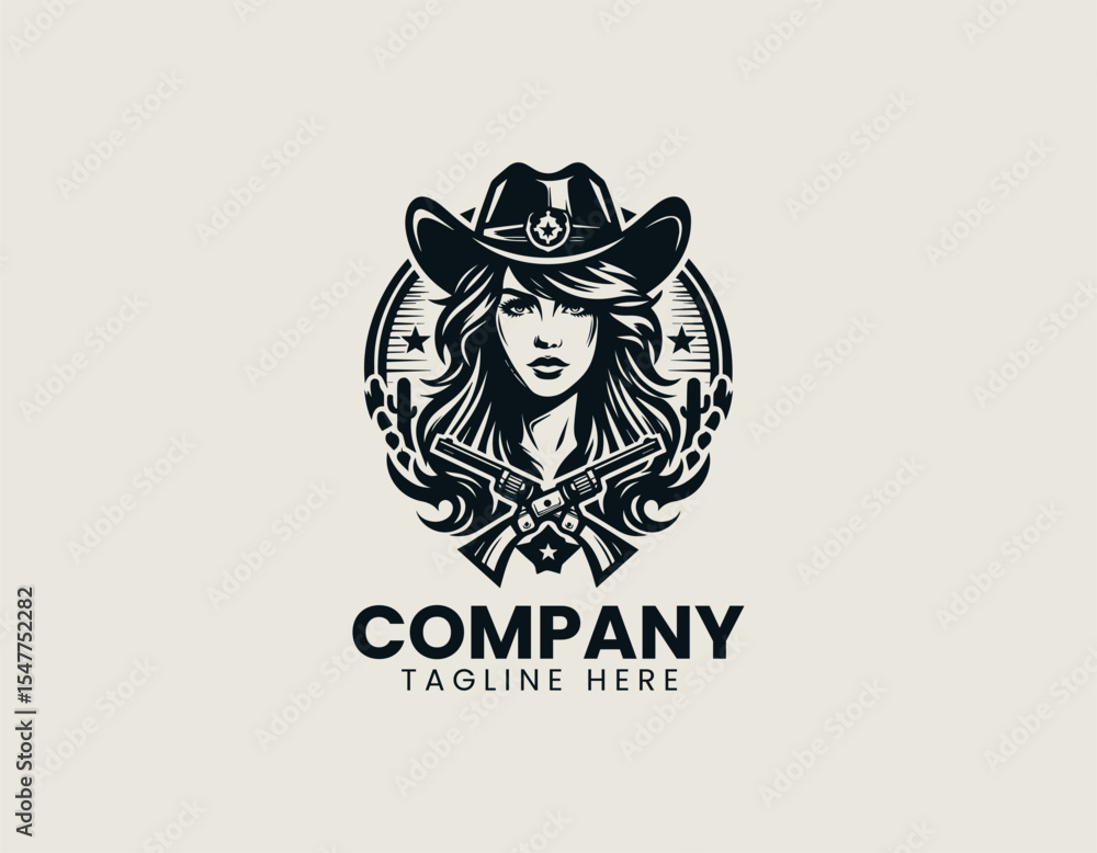 Cowgirl profile vector logo design showing Wild West woman with hat and lasso inside badge emblem with classic line work Cowgirl profile vector logo design showing Wild West woman with hat and lasso inside badge emblem with classic line work