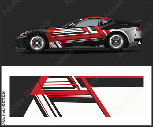 Racing Car Wrap Design with Red and Black Graphics