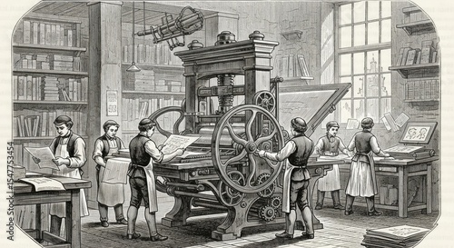Vintage Engraving: Printing Press in Use - Historical Technology & Media