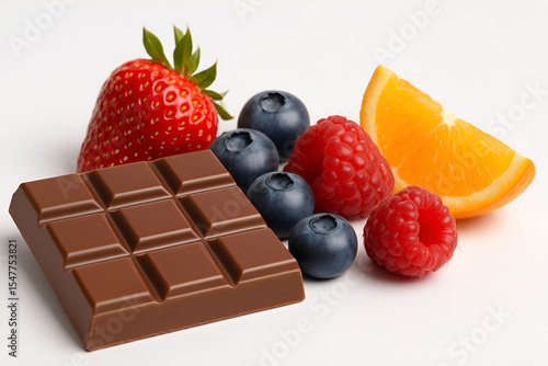 Chocolate Bar with Fresh Fruits on White Background