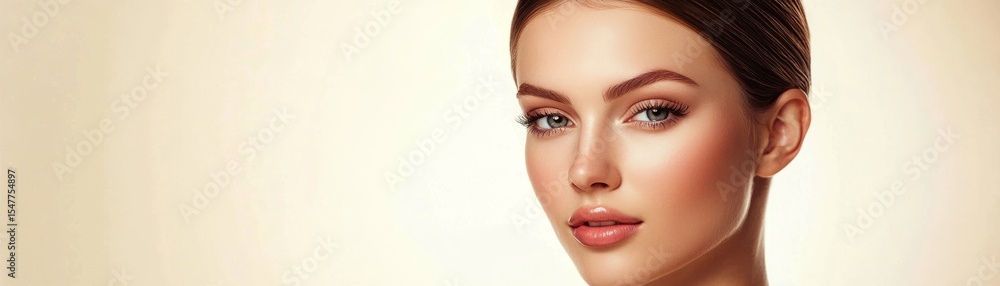 Radiant Skin Beauty Portrait Closeup, Beige Background, Facial Features Skincare, Cosmetics Radiant Skin Beauty Portrait Closeup, Beige Background, Facial Features Skincare, Cosmetics