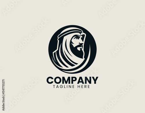 Arabian man head with keffiyeh and beard illustrated inside strong badge logo conveying heritage and professionalism