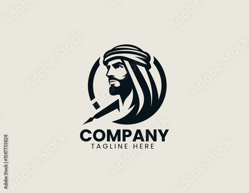 Arabian man head with keffiyeh and beard illustrated inside strong badge logo conveying heritage and professionalism