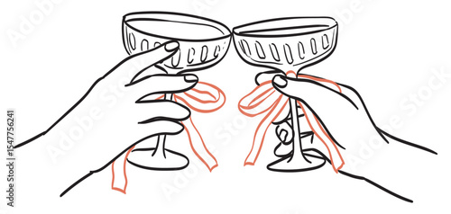 Cheers or drinking couple toast drawing. Glasses with martini or champagne in hands. Birthday party celebration with friends. Wine, champagne, prosecco, sangria cocktail vector cartoon illustration.