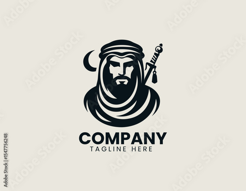 Arabian man profile wearing turban and beard over circular badge representing noble cultural elegance