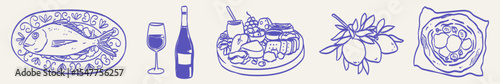 Italian coastal style table dishes with different snacks perfect for wine and beverage. Wedding drawing with food and wine in dolce vita sketch style. Vector illustration for kitchen wall art and menu