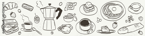 Hand draw la dolce vita breakfast or brunch doodles. Vector illustration of food and coffee icons in ink drawing style. Minimalist line art. Illustration for invitations, menus design, poster placard.