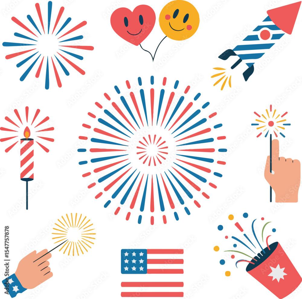 Fototapeta premium Independence Day Celebration Icons – Festive Fireworks and Patriotic Elements
