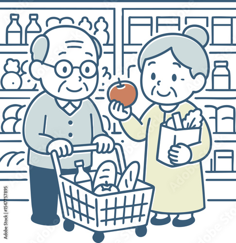 食料品や日用品の買い物をするシニア夫婦
Senior couple shopping for groceries and daily necessities