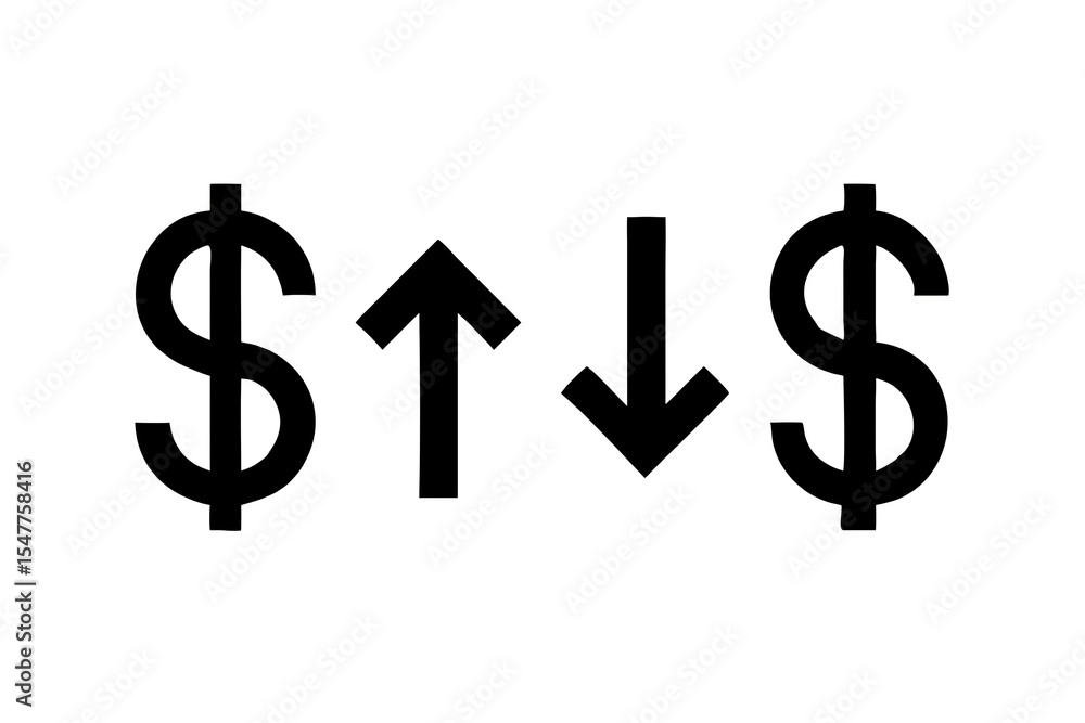 Dollar signs with up and down arrows are isolated on white background Dollar signs with up and down arrows are isolated on white background