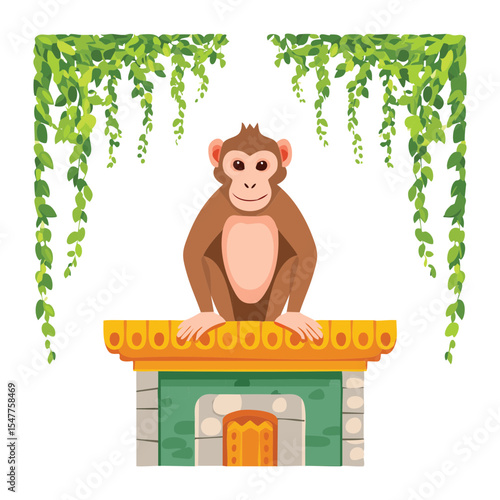 Curious Monkey Sitting on Ancient Stone Structure
