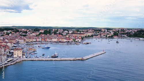 Summer day aerial drone panorama of old town Rovinj, famous ancient Croatian city at the sea. Istria, Croatia.
