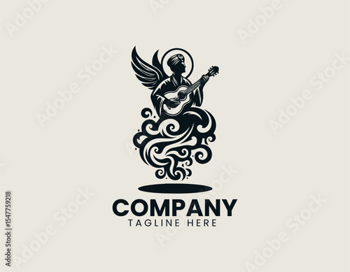 Genie guitarist silhouette playing acoustic guitar inside circular logo emblem conveying musical magic