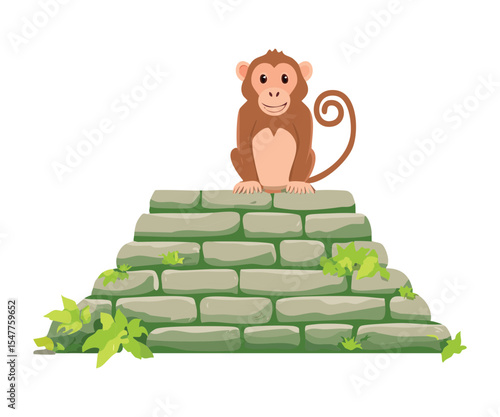 Playful Monkey Perched on Stone Structure Illustration