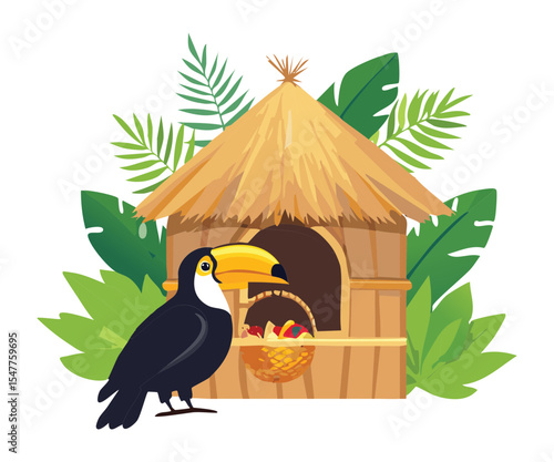 Toucan Bird Gazing at Tropical Straw Hut Scene