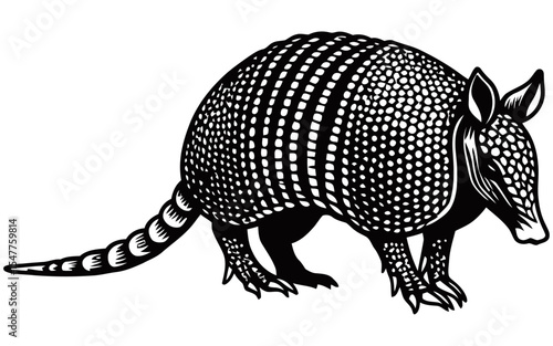 Detailed black and white vector illustration of an armadillo, showcasing its textured armor-like shell, pointed snout, and ringed tail in side profile.