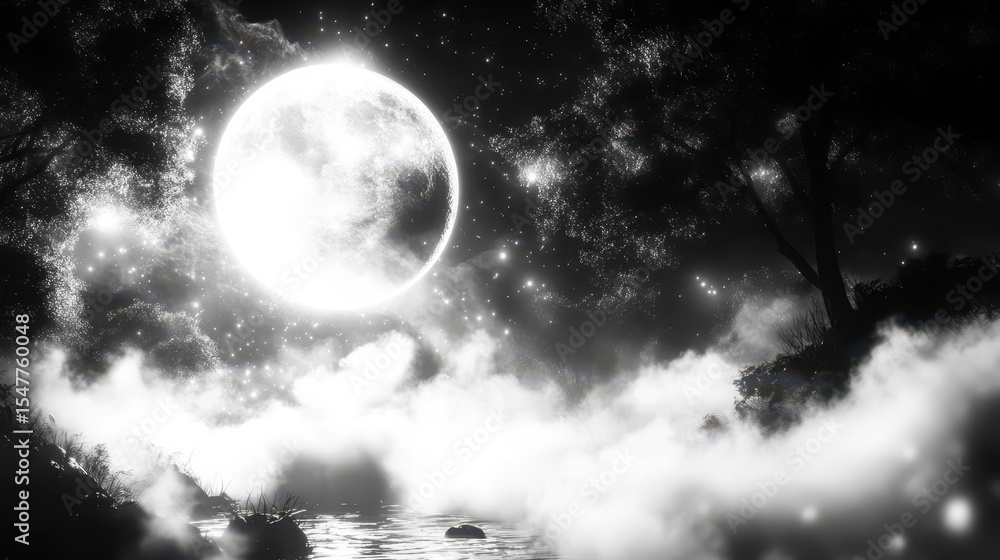 Fototapeta premium Moonlit Night, Misty Lake, Starry Sky