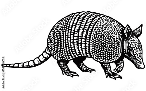 Detailed black and white vector illustration of an armadillo, showcasing its textured armor-like shell, pointed snout, and ringed tail in side profile.