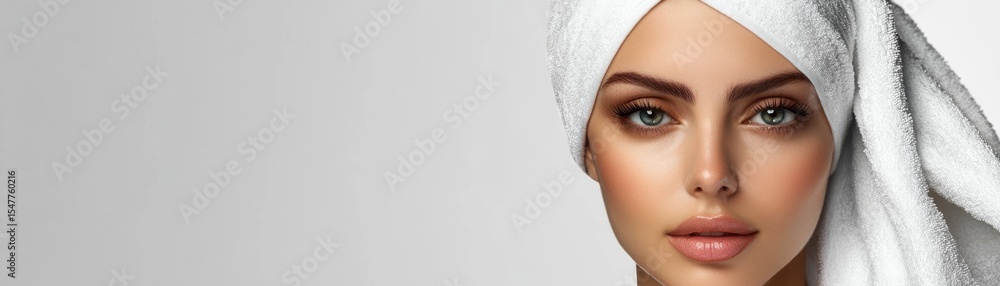 Woman's Face, White Towel, Skincare Routine, Beauty Portrait. Skincare, Beauty Woman's Face, White Towel, Skincare Routine, Beauty Portrait. Skincare, Beauty