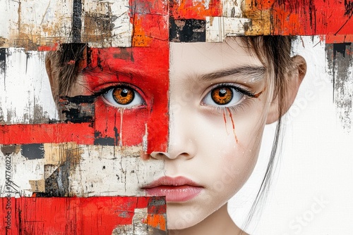 Abstract Girl Portrait Red Geometric Patterns and Natural Features Contrast