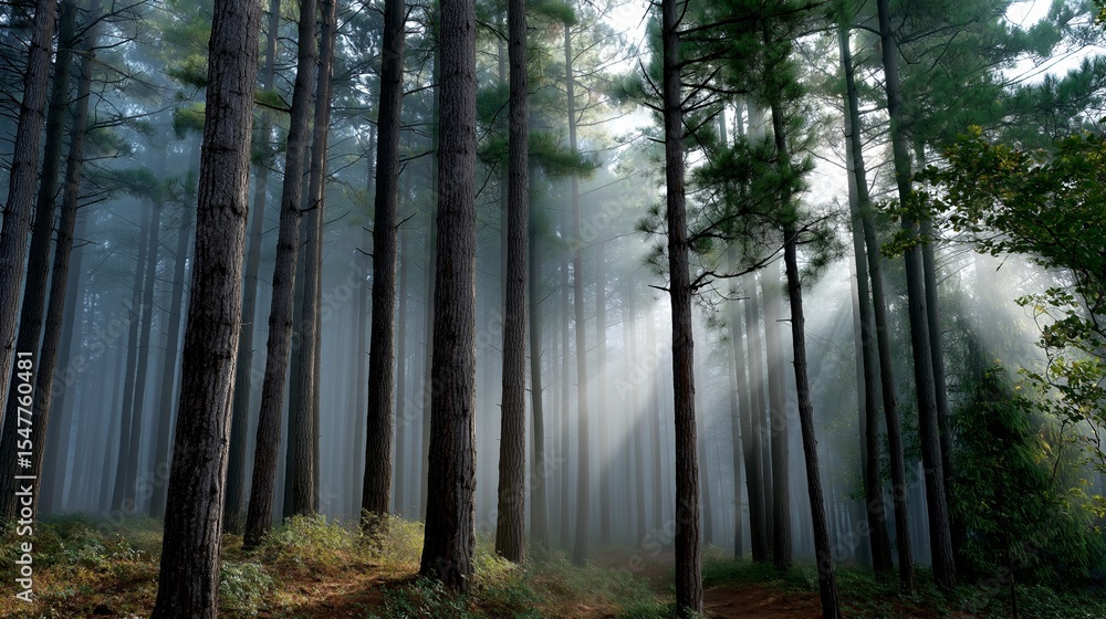Fototapeta premium Foggy forest featuring tall pine trees and ethereal sunlight. Mist creating atmospheric depth. AI generated.