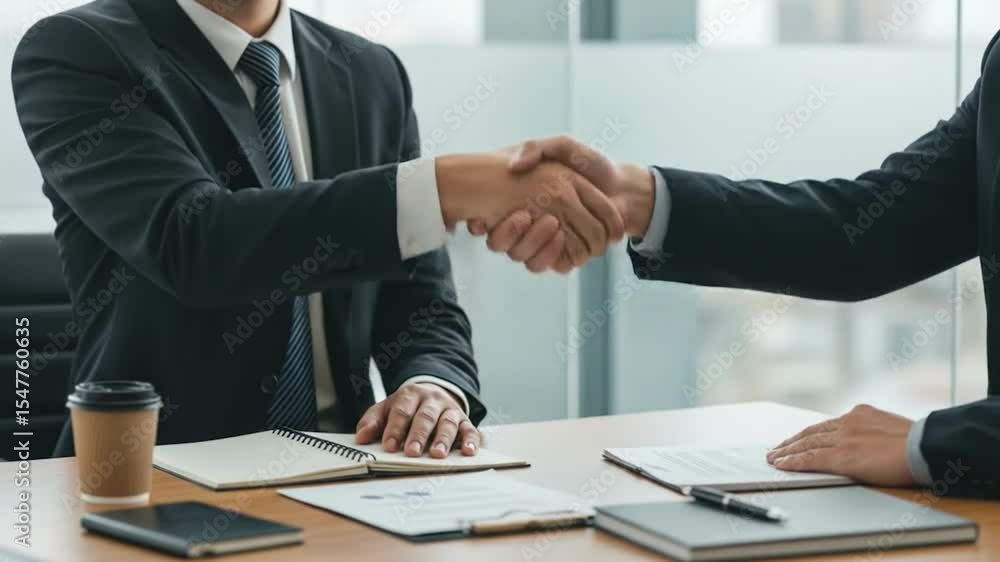 Business Deal: Two Executives Shaking Hands Over Documents in a Modern Office Setting Business Deal: Two Executives Shaking Hands Over Documents in a Modern Office Setting