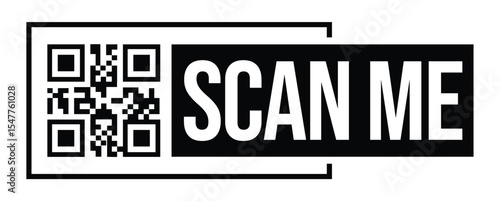 Minimalist black and white QR code with bold "SCAN ME" text in uppercase. Centered, high-contrast design with clean, modern style and frontal view. No background distractions.