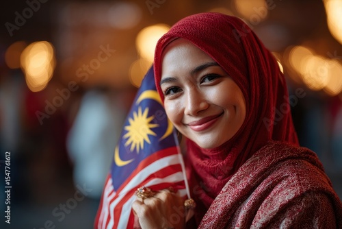 Smiling woman in hijab holds Malaysian flag in warm bokehlit setting