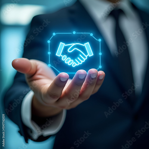 Procurement digital interface with handshake icon on businessman hand, symbolizing contract agreement, document workflow, and smart business solutions .