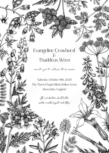 Poisonous plants hand-drawn illustration. Gothic wedding invitation design template. Witchcraft, witch herbs apothecary frame.  NOT AI generated