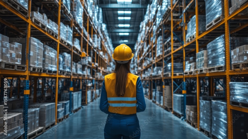 Fototapeta premium Employee woman in workwear in warehouse filled with boxes