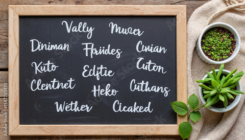 Chalkboard with plant displaying handwritten names and notes  