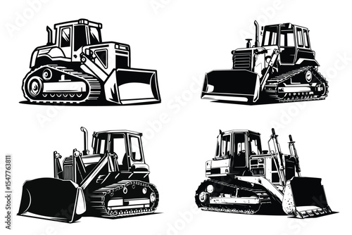 Bulldozer Silhouette Vector Illustration, Heavy Construction Equipment Logo Design on White Background