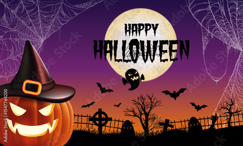 Halloween background with pumpkins, bats, ghosts and a graveyard theme with an orange purple gradient background. Vector illustration