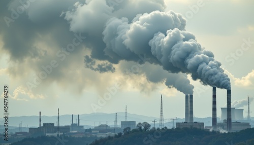 an industrial landscape featuring factories with smoke stacks releasing emissions into the sky