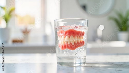 Dentures soaking in glass of water on kitchen counter with plants  