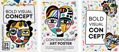 Contemporary Art Cubist Face Poster Vector Illustration for Abstract Themes in Vibrant Colors for Modern Wall Art