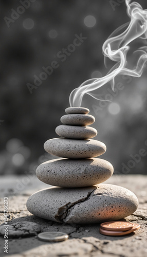 Stacked stones with smoke rising on a textured surface outdoors  