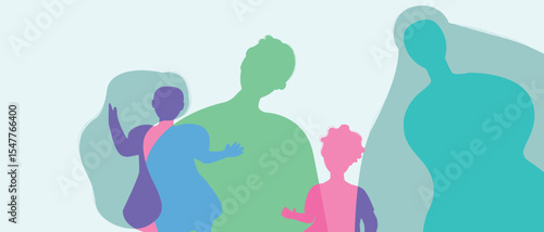 Silhouettes of parents and children, color silhouette vector illustration as propaganda of birth rate and authentic Family, copy space template