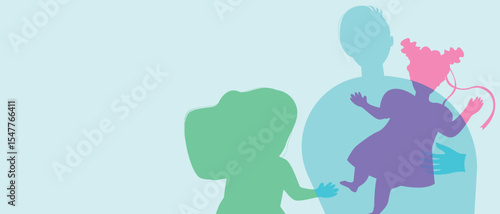 Single father with baby girl, color silhouette vector illustration as propaganda of fertility and happy authentic Family, copy space template