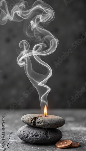 Burning incense on stacked stones with smoke in dark background  