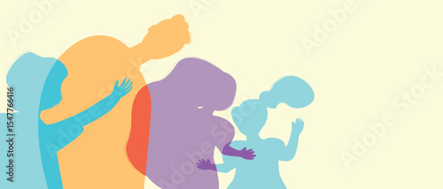 Single father with baby girl, color silhouette vector illustration as propaganda of fertility and happy authentic Family, copy space template