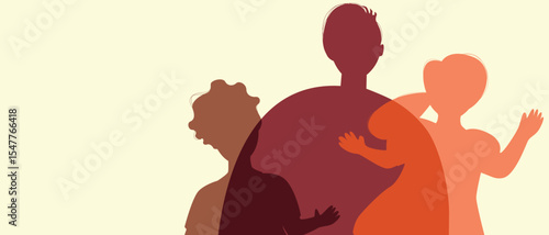 BIPOC father or African dad with children, color silhouette vector illustration as concept happy authentic Family copy space template for fathers day