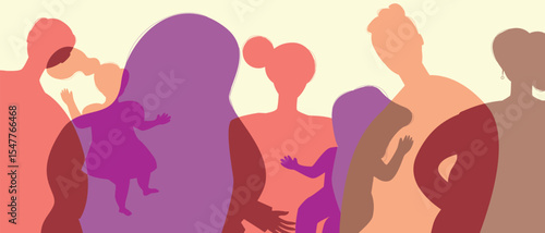 BIPOC mom, dad and kids with African relatives as a big family, color silhouette vector illustration as propaganda of fertility and authentic Family