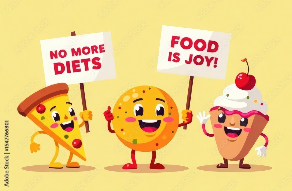 Naklejka premium Funny vector illustration of anthropomorphic pizza, donut, and ice cream holding protest signs saying “No More Diets” and “Food Is Joy!” Playful concept for International No Diet Day celebration, card
