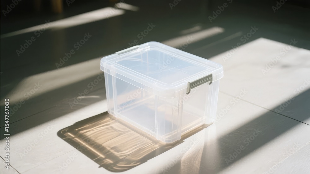 Fototapeta premium Transparent plastic storage box placed on a sunlit floor